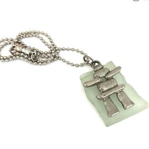 Inukshuk Sea Glass Pendant Silver Tone Chain Magnetic Clasp Necklace 17”